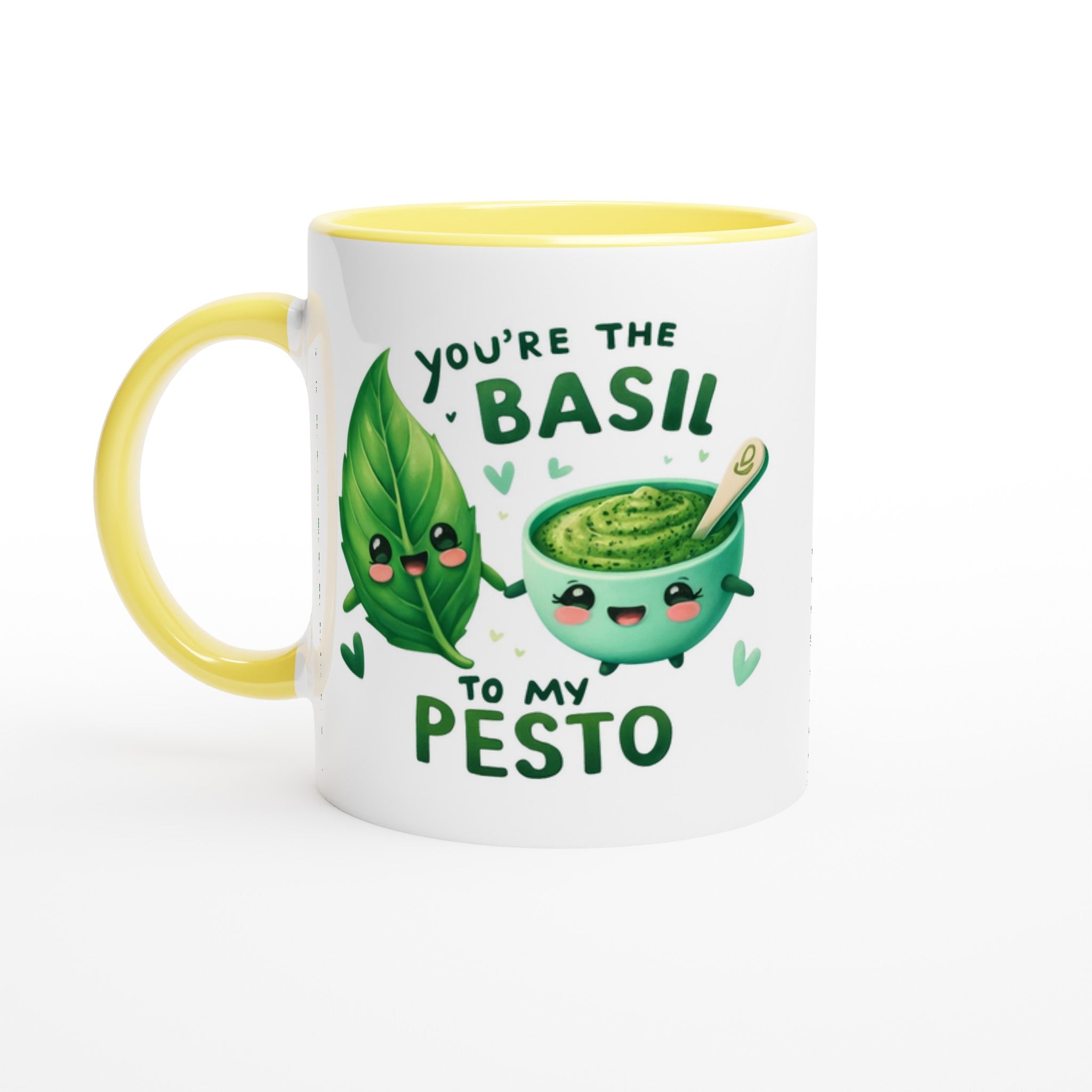 You're The Basil To My Pesto, Valentine - White 11oz Ceramic Mug with Colour Inside Ceramic Yellow Colour 11oz Mug Food Globally Fulfilled Love