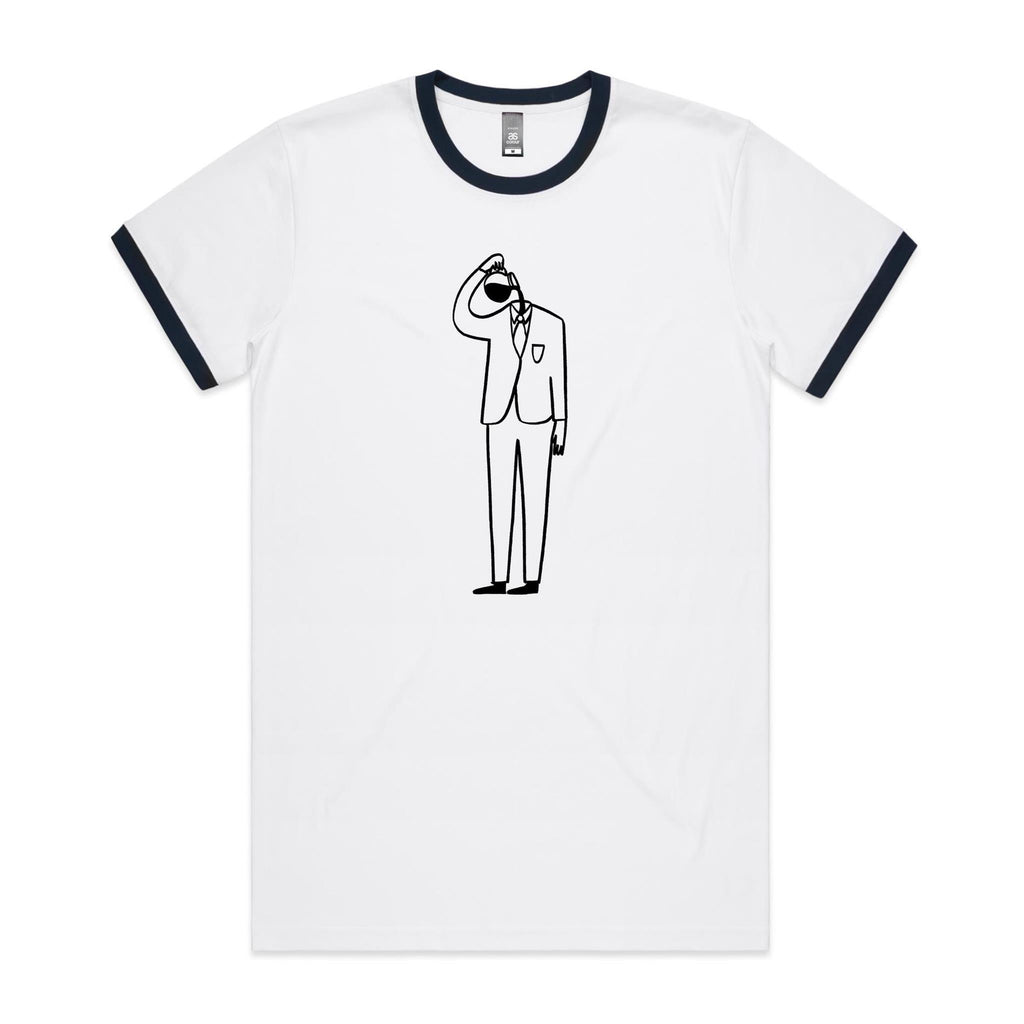 Coffee Brain - Staple Ringer Tee White Navy Ringer T-Shirt Coffee Printed In Australia