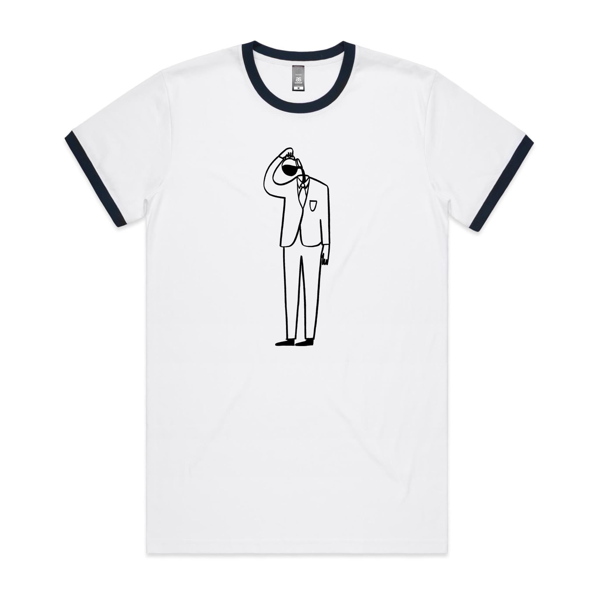 Coffee Brain - Staple Ringer Tee White Navy Ringer T-Shirt Coffee Printed In Australia