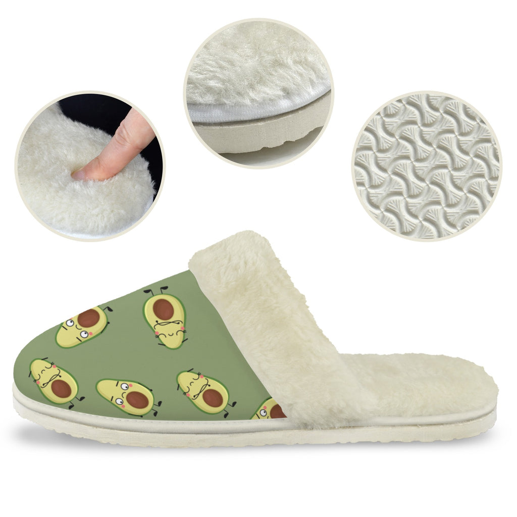 Avocado Characters Women's Fur Trim Thick-Sole Indoor Slippers Women's Fur Trimmed Slippers Food Printed Offshore