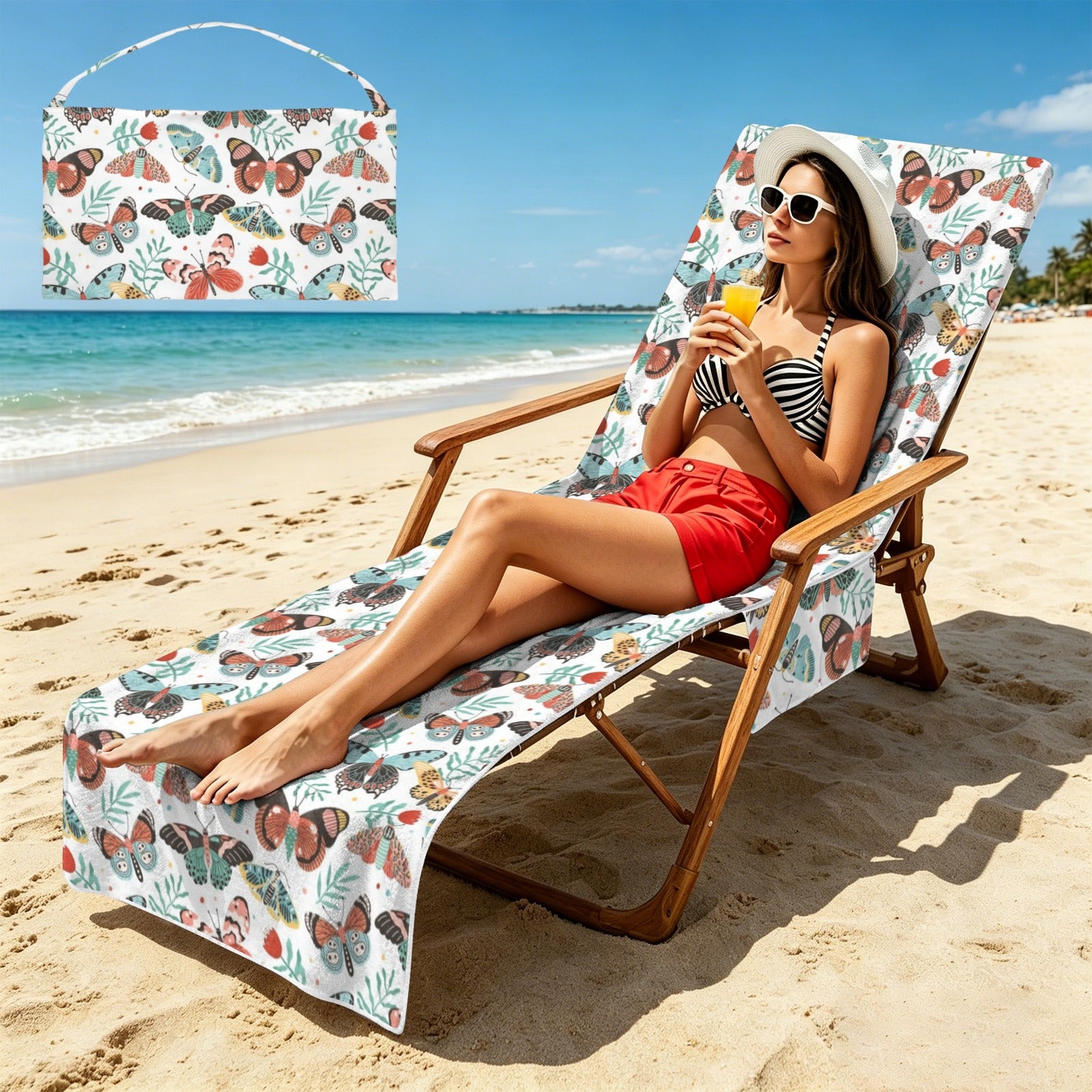 Pretty Moths And Butterflies Beach Chair Towel Cover with Side Pockets