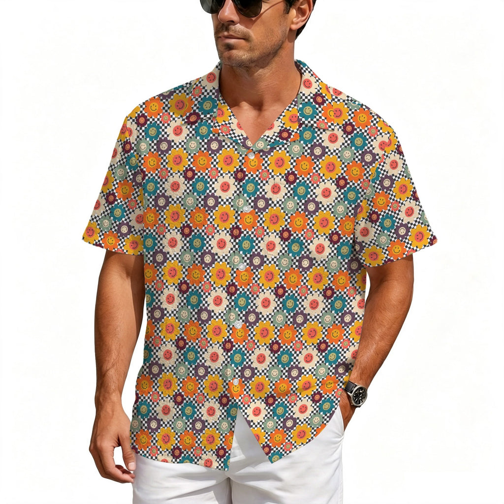 Happy Retro Flowers Men's Crinkle Hawaiian Shirt