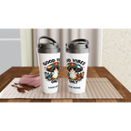 Personalised Good Vibes Only, Hippie Mushroom With Sunglasses White 15oz Stainless Steel Travel Mug Personalised Travel Mug Globally Fulfilled Positivity