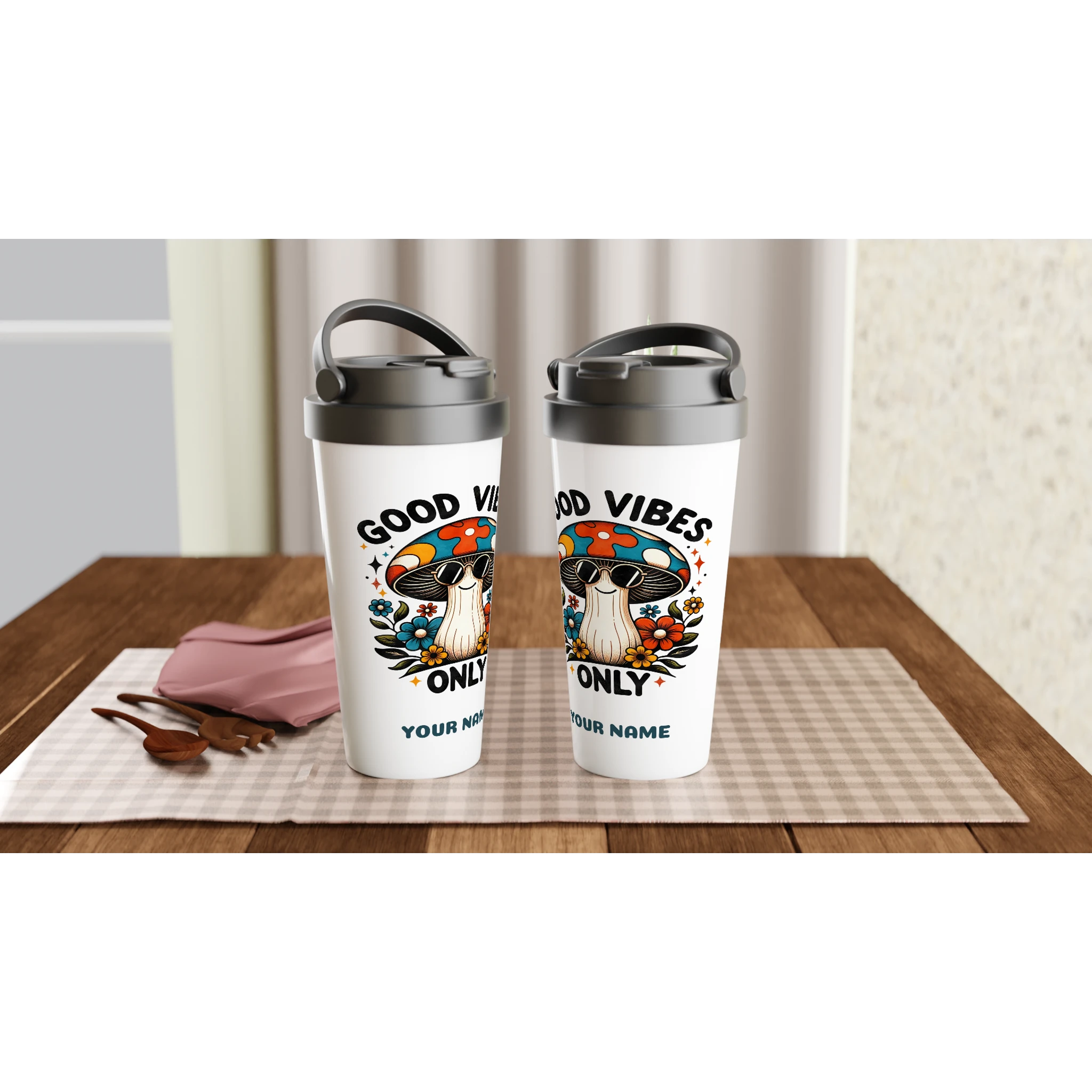 Personalised Good Vibes Only, Hippie Mushroom With Sunglasses White 15oz Stainless Steel Travel Mug Personalised Travel Mug Globally Fulfilled Positivity