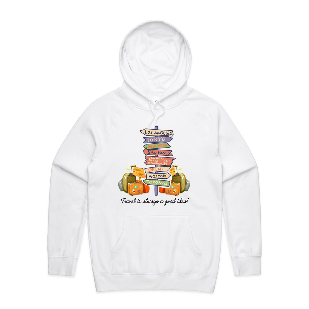 Travel Is Always A Good Idea - Mens Hoodie White Mens Hoodie Printed In Australia