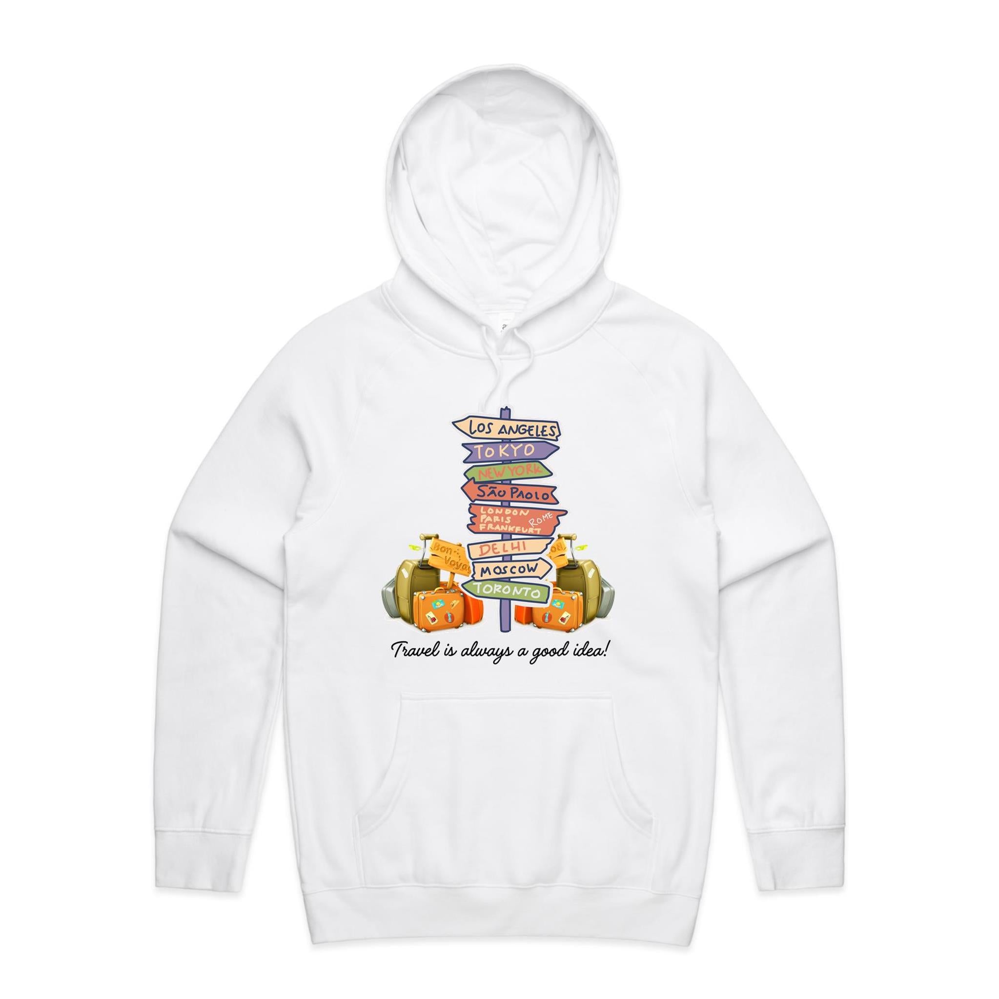 Travel Is Always A Good Idea - Mens Hoodie White Mens Hoodie Printed In Australia