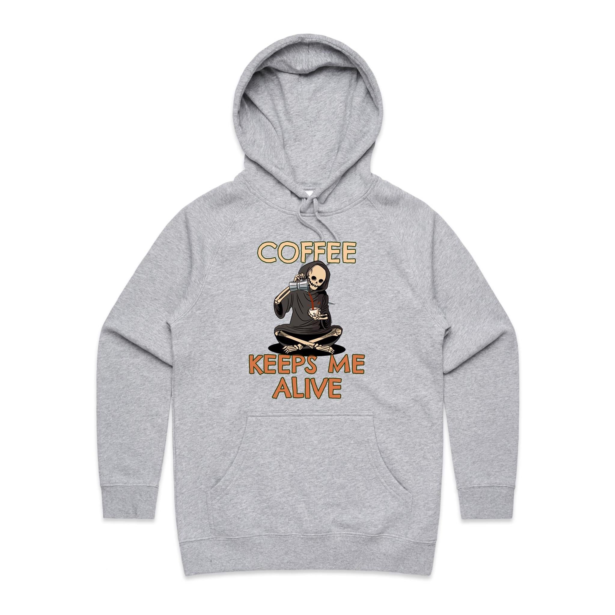 Coffee Keeps Me Alive, Skeleton - Womens Hoodie Grey Marle Womens Hoodie Coffee Printed In Australia