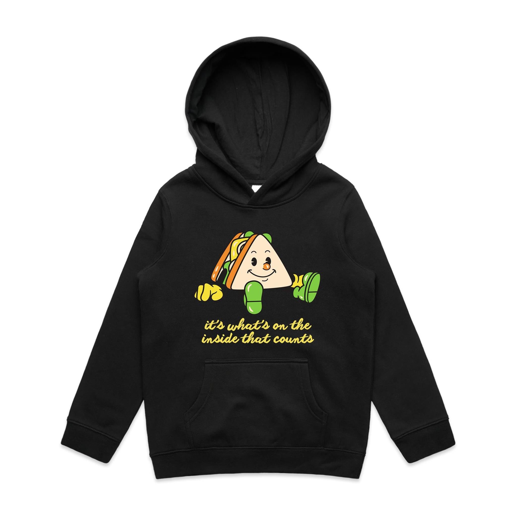 Sandwich, It's What's On The Inside That Counts - Kids Hoodie Black Kids Hoodie Printed In Australia