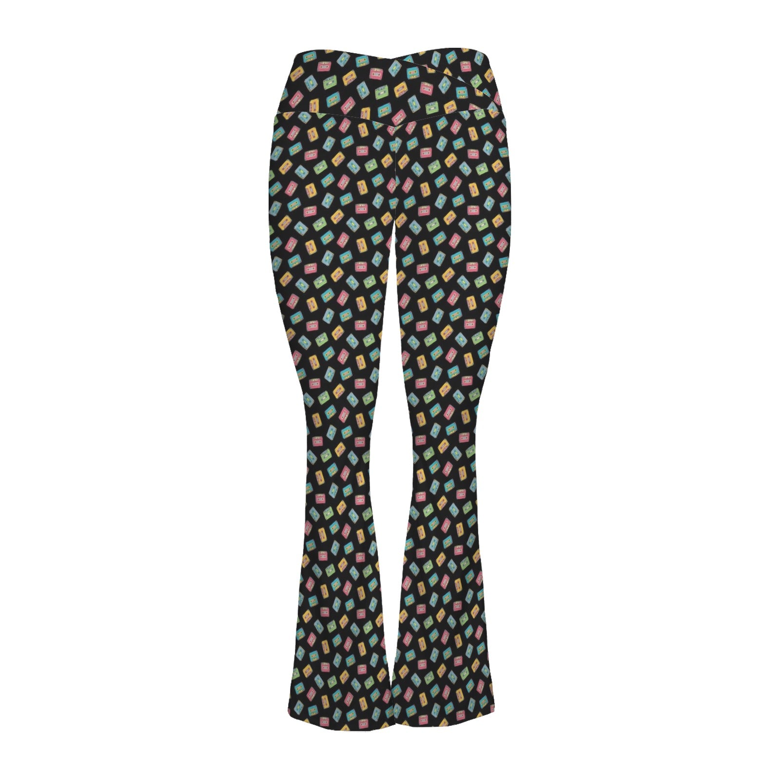 Colourful Cassettes - High Waist Crossover Tummy Control Flare Leggings