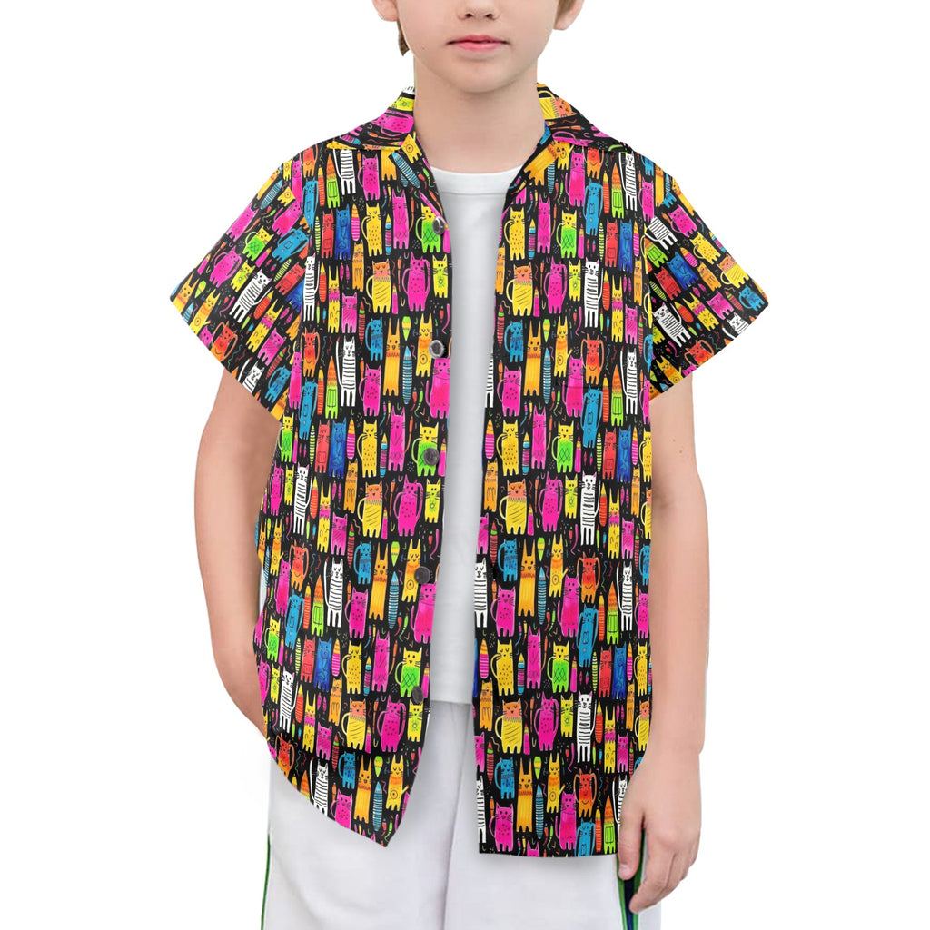 Colourful Cats Senior Kids Hawaiian Shirt Senior Kids Hawaiian Shirt 8-15 animal Printed Offshore