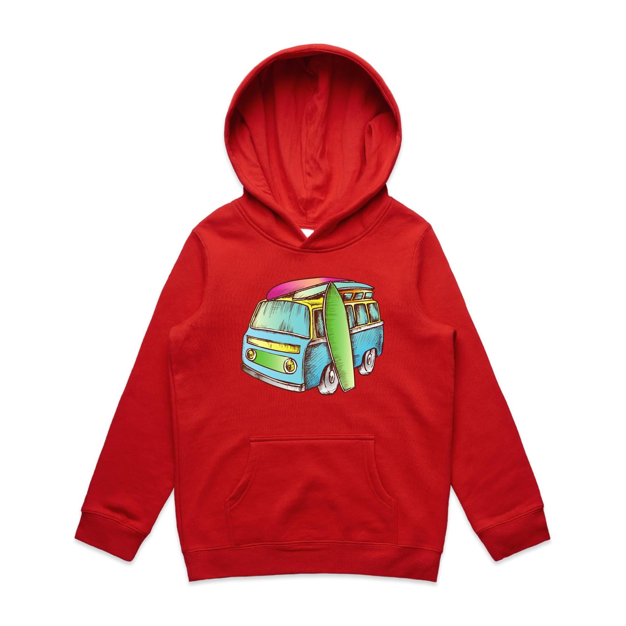 Surf Trip - Kids Hoodie Red Kids Hoodie Printed In Australia