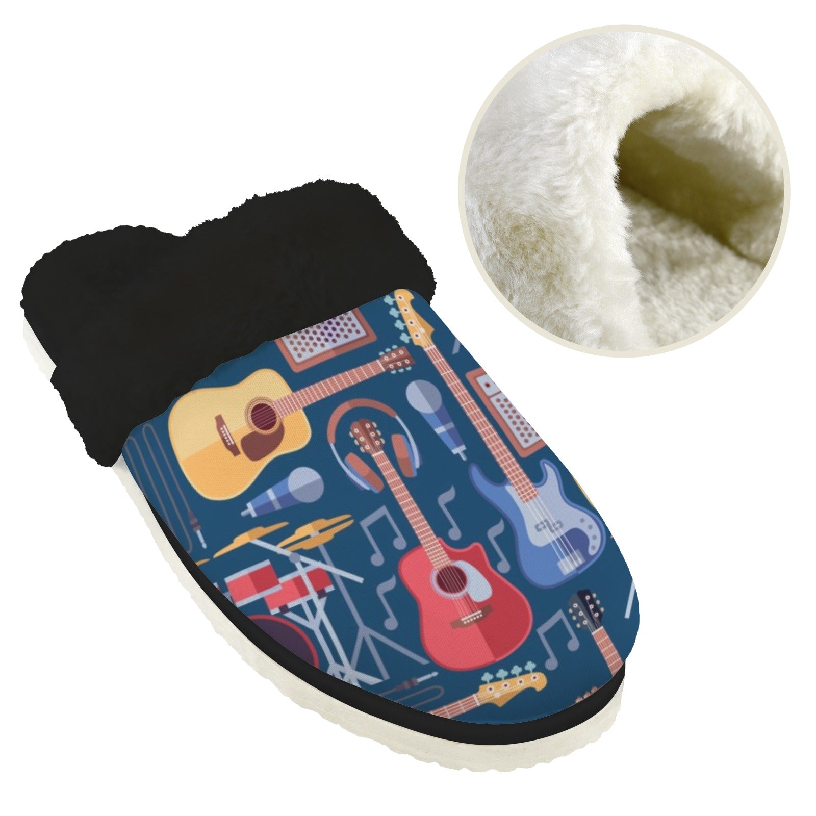 Music Instruments - Men's Fur Trim Thick-Sole Indoor Slippers Men's Fur Trimmed Slippers Music Printed Offshore