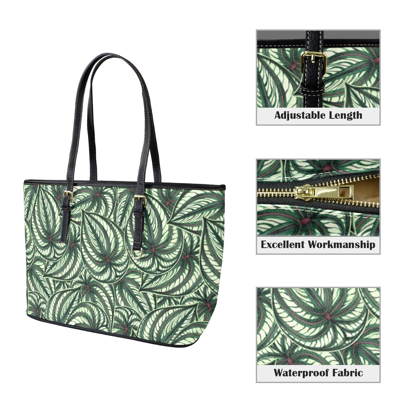 Stripy Leaves PU Leather Tote Bag Large