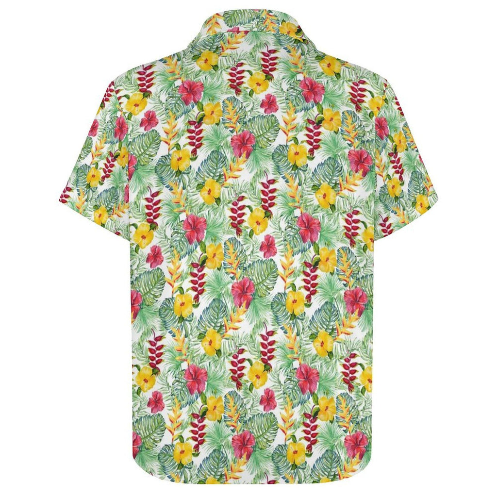 Tropical Flowers On White Women's Short-Sleeve Button Up Shirt Women's Short-Sleeve Button Up Shirt Plants Printed Offshore