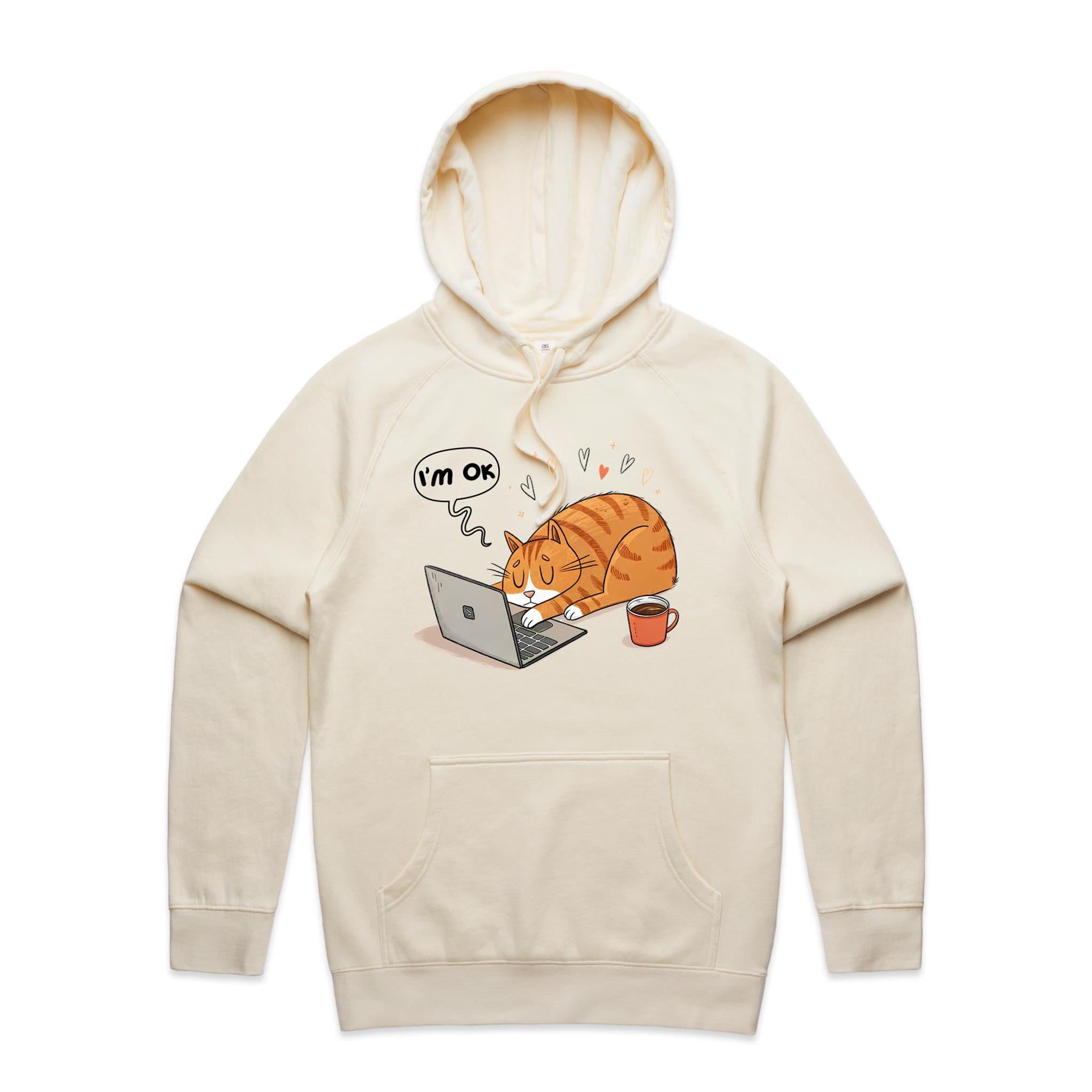 Cat Laptop, I'm OK - Mens Hoodie Ecru Mens Hoodie animal Printed In Australia Tech