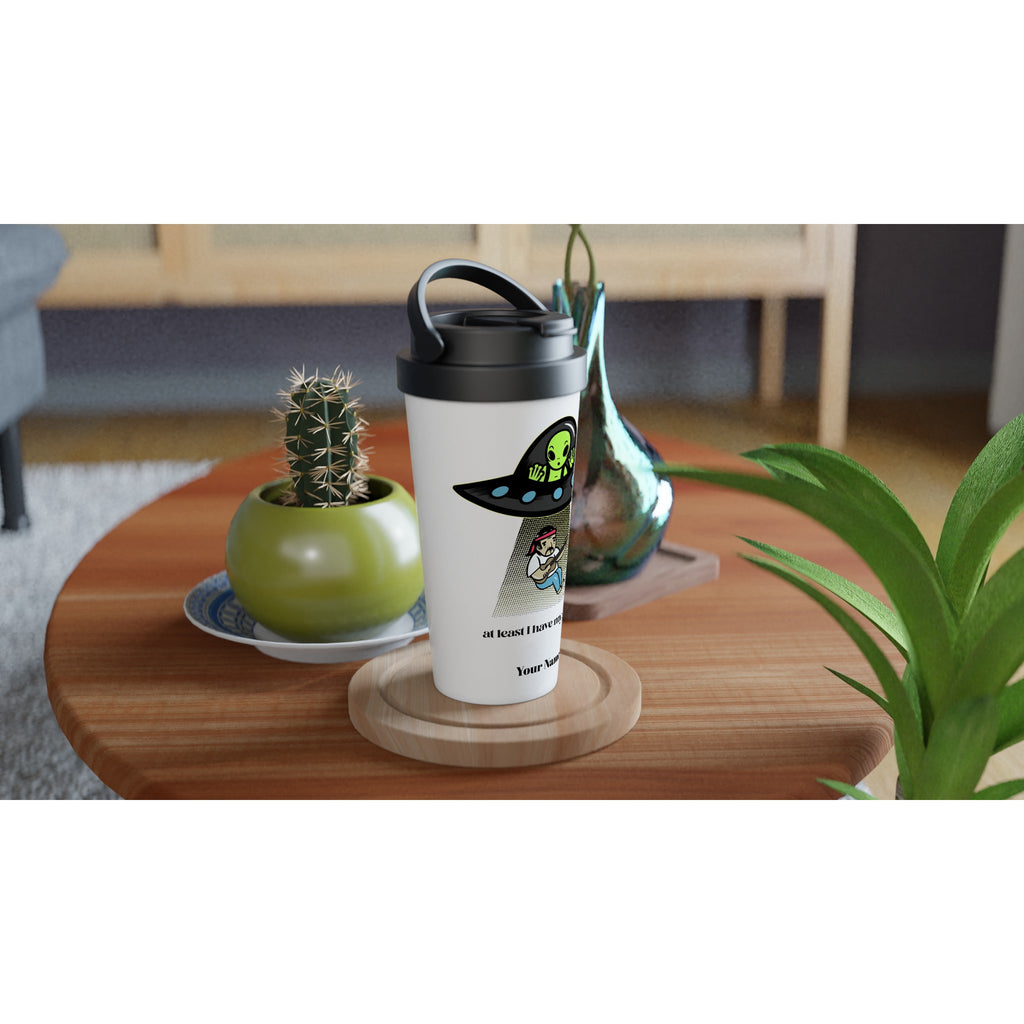 Personalised - Guitarist Alien Abduction - White 15oz Stainless Steel Travel Mug Personalised Travel Mug funny Globally Fulfilled Music Sci Fi