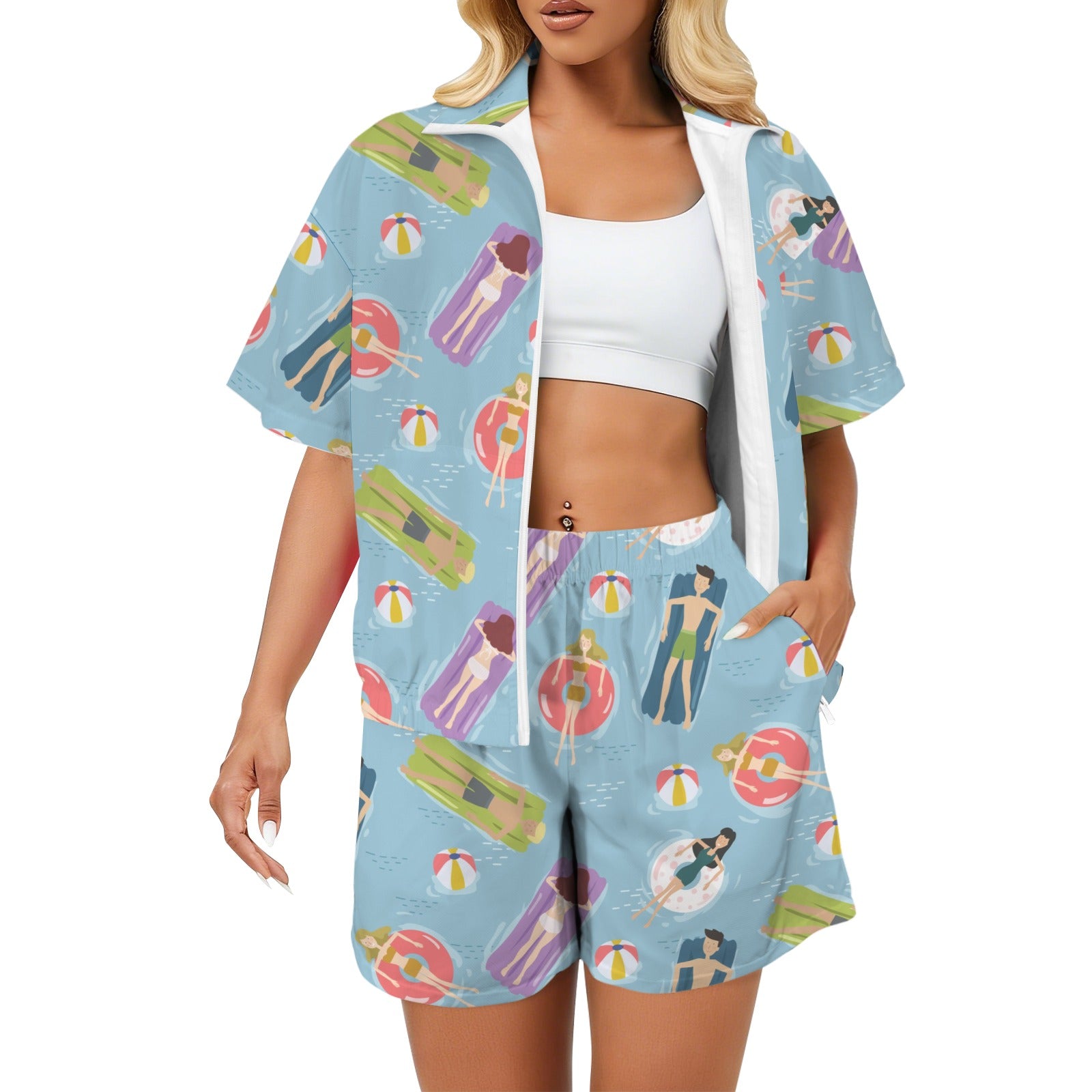 Beach Float Women's Windbreaker Short Set 2XL Women's Windbreaker Short Set Printed Offshore Summer Surf
