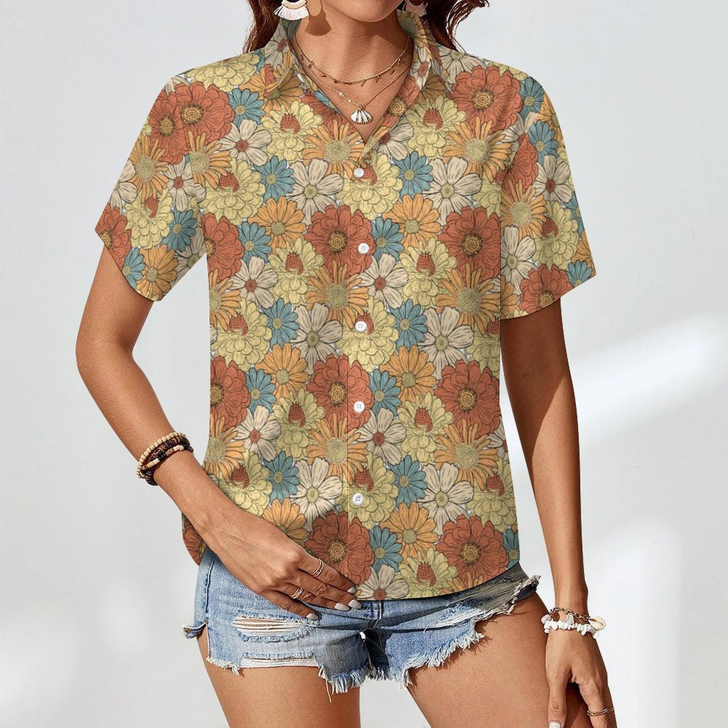 Vintage Retro Floral Women's Collared Pocketless Short Sleeve Shirt