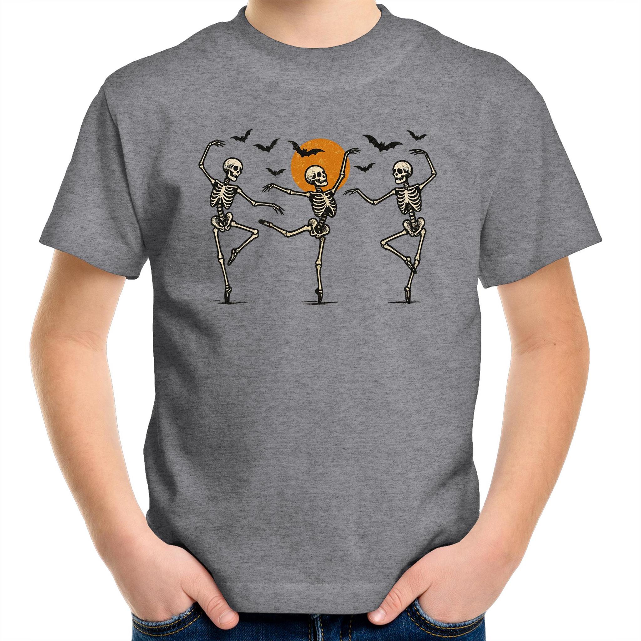 Skeleton Dance, Halloween - Kids Youth T-Shirt Grey Marle Kids Youth T-shirt Halloween Printed In Australia