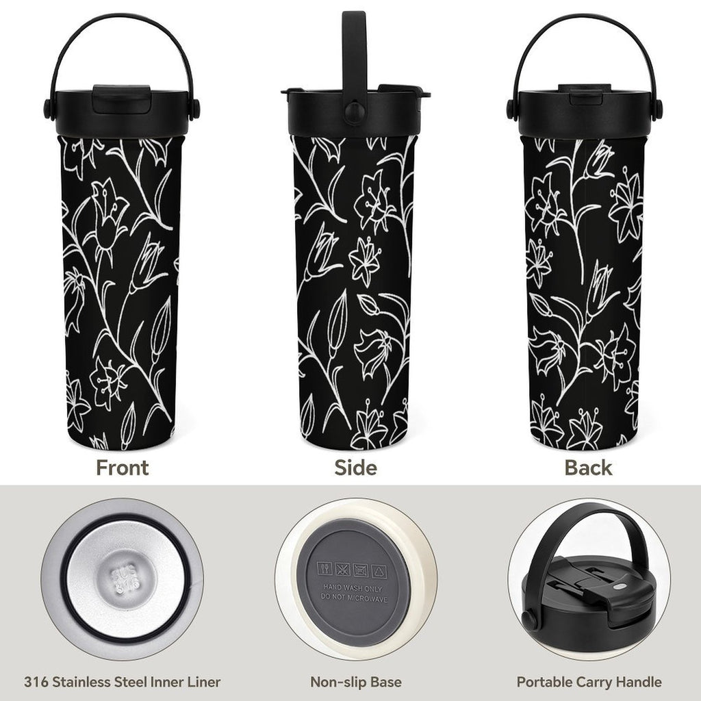 Black And White Floral 20oz Tea Tumbler with Carry Handle
