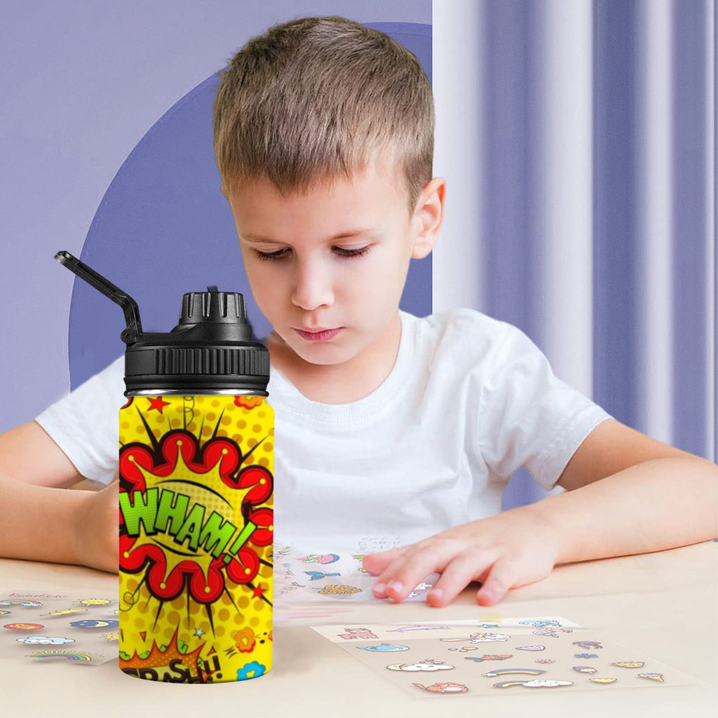 Comic Book Yellow Kids Water Bottle with Chug Lid (12 oz) Kids Water Bottle with Chug Lid comic Printed Offshore