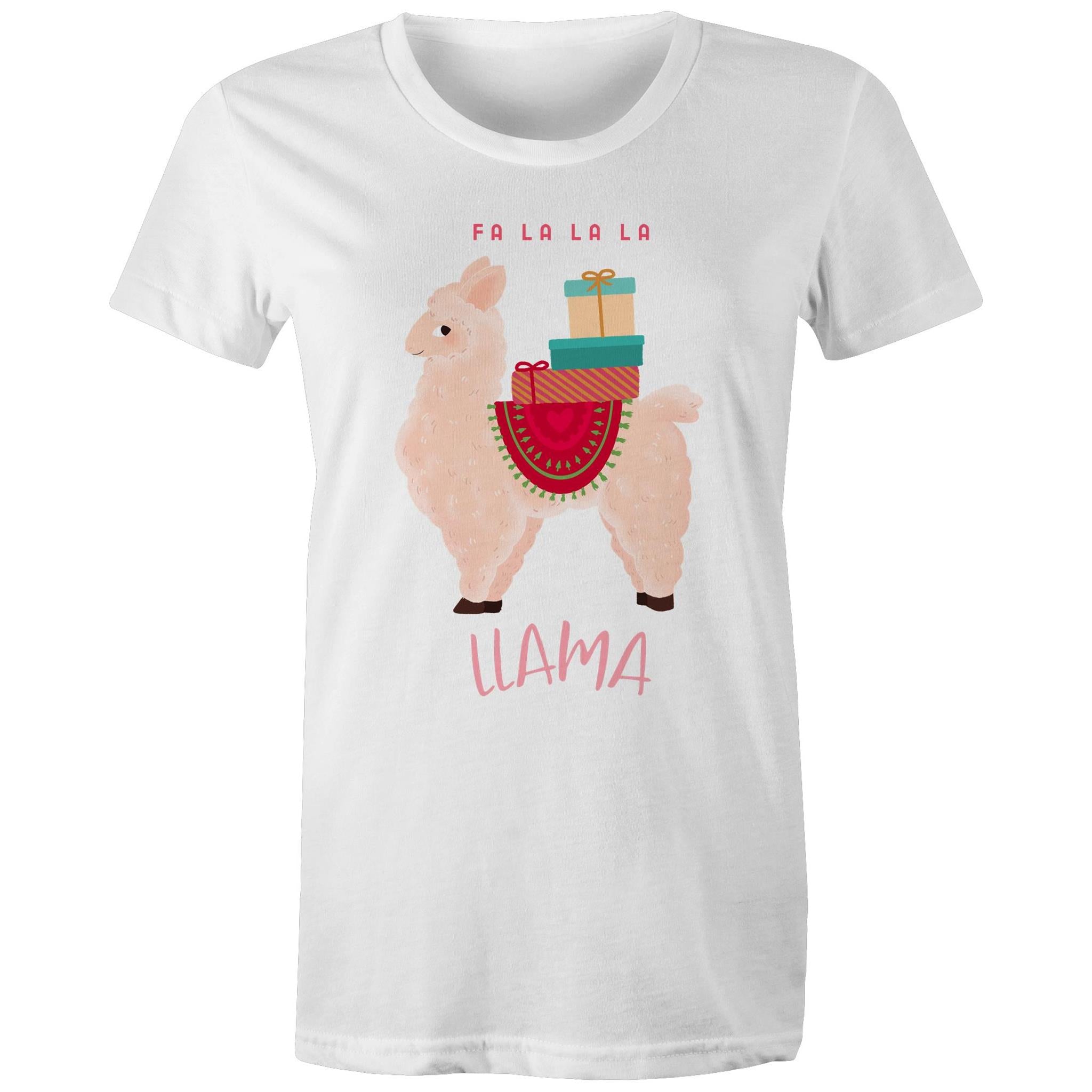 Fa La La La Llama, Christmas - Womens T-shirt White Womens Christmas T-shirt Christmas Printed In Australia