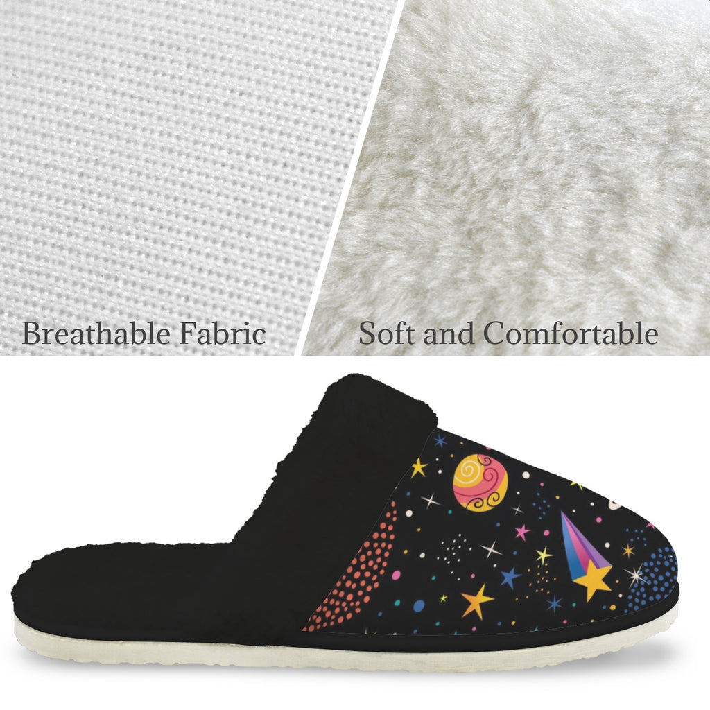 Space Women's Fur Trim Thick-Sole Indoor Slippers Women's Fur Trimmed Slippers Printed Offshore Space