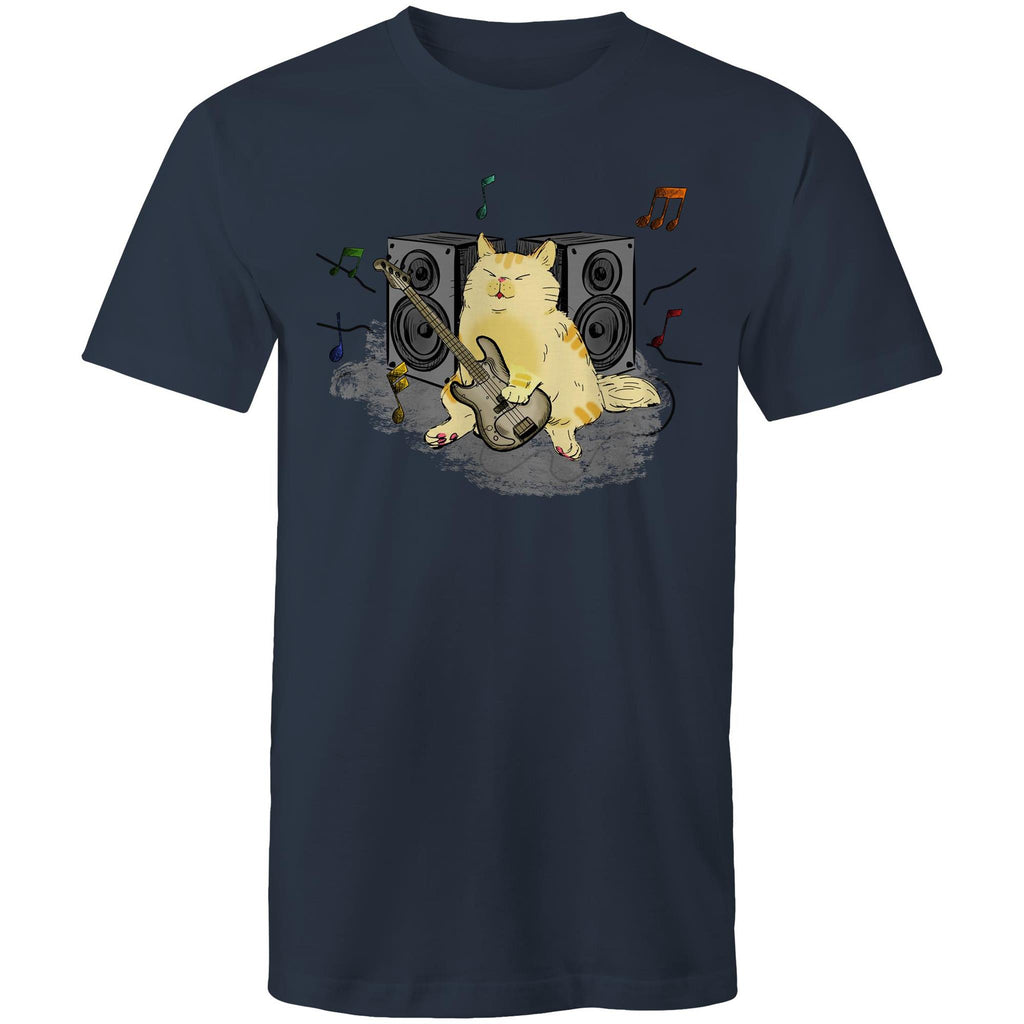 Cat Bass Player - Mens T-Shirt Navy Mens T-shirt animal Music Printed In Australia