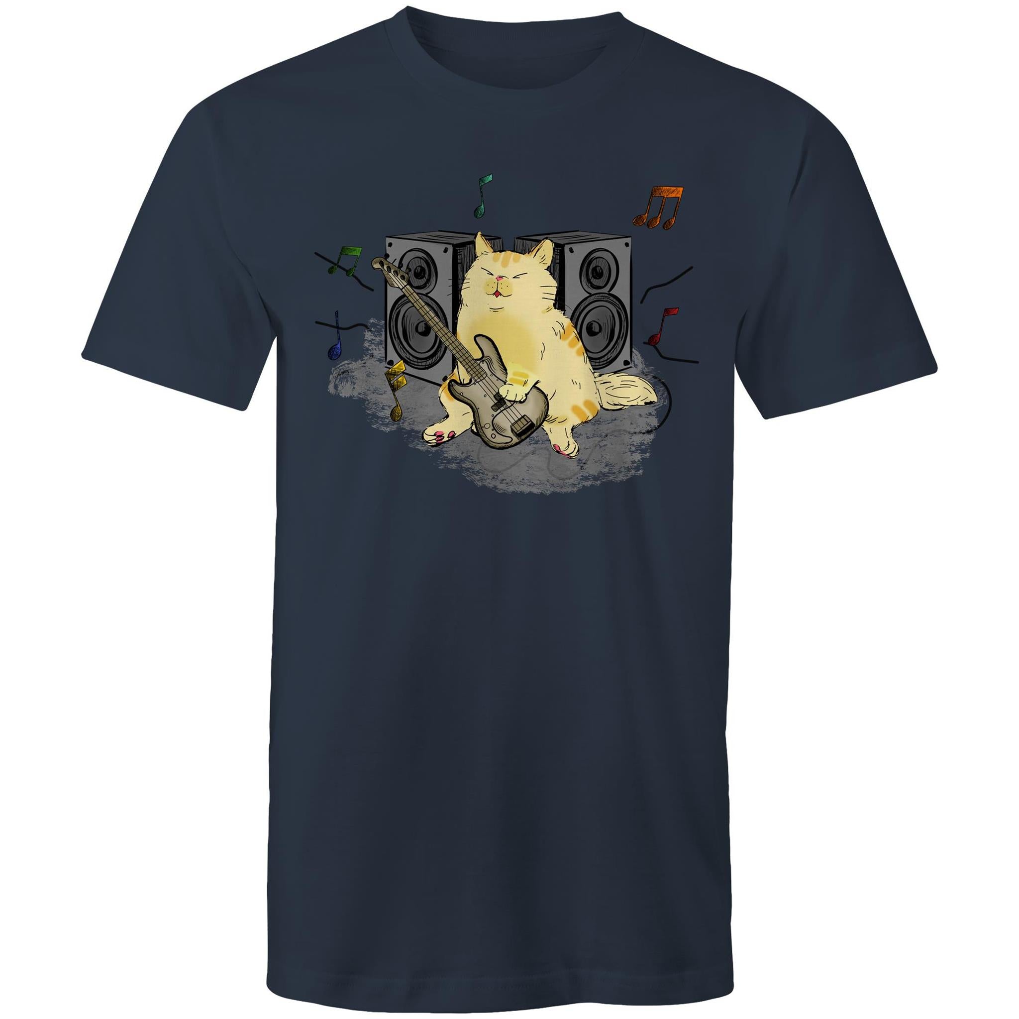 Cat Bass Player - Mens T-Shirt Navy Mens T-shirt animal Music Printed In Australia