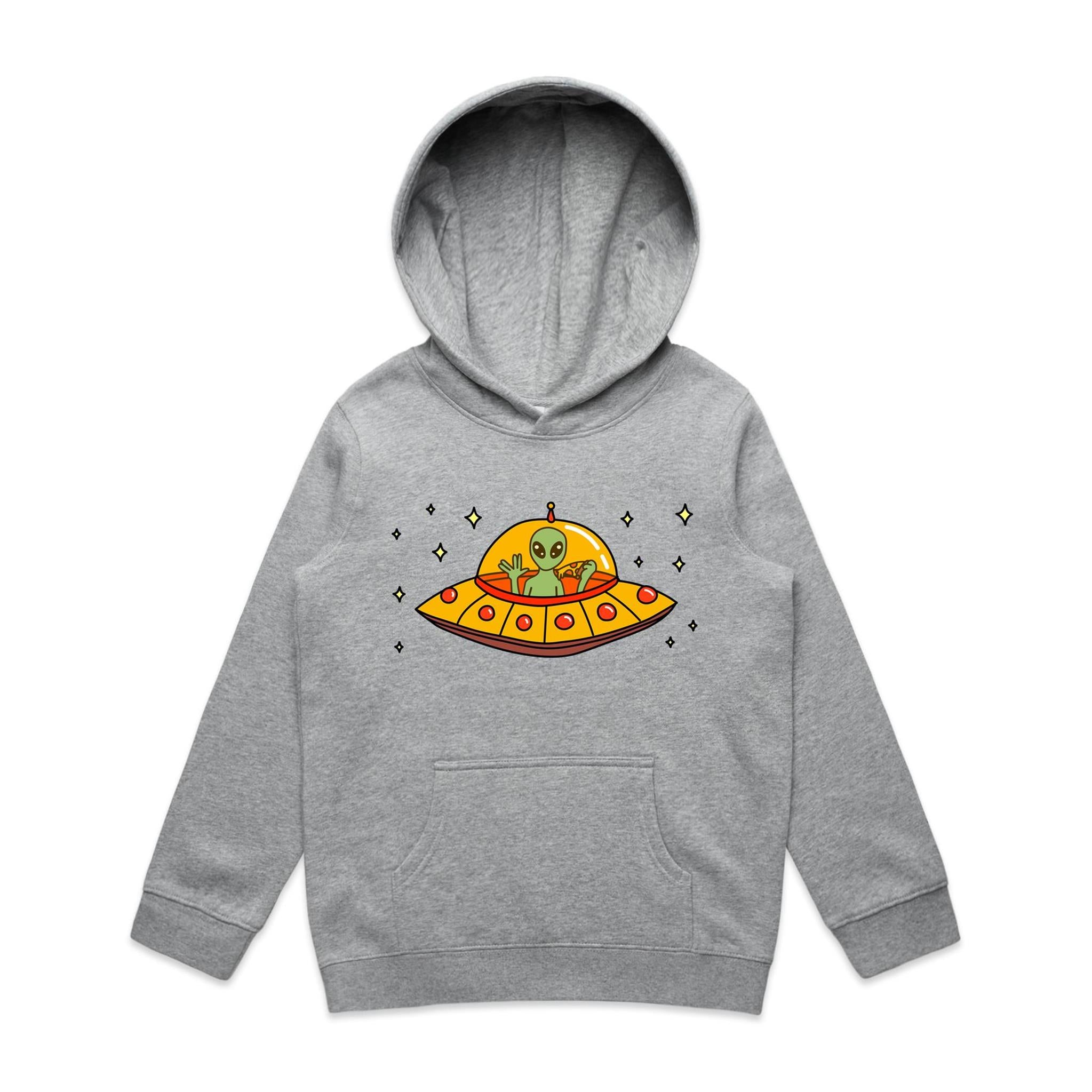 Alien Pizza - Kids Hoodie Grey Marle Kids Hoodie Printed In Australia