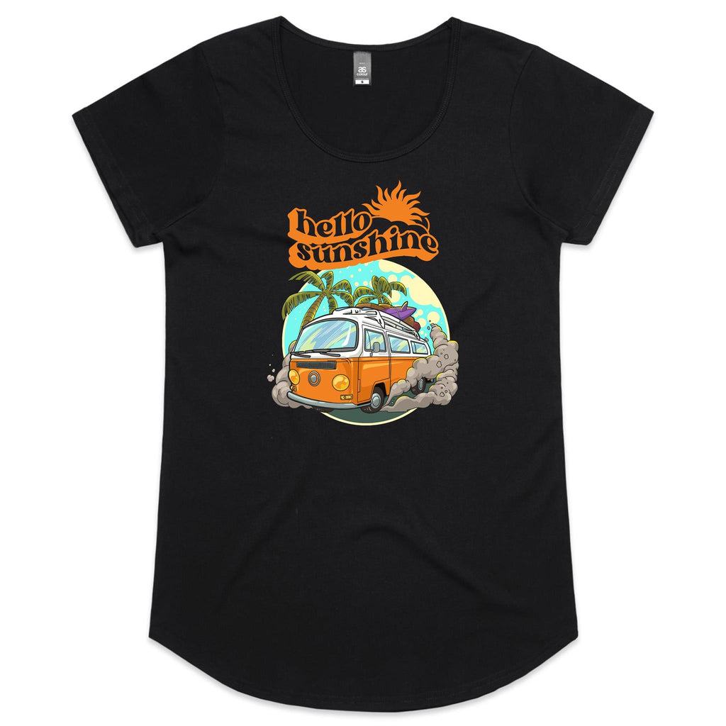 Hello Sunshine, Beach Van - Womens Scoop Neck T-Shirt Black Womens Scoop Neck T-shirt Printed In Australia Summer Surf