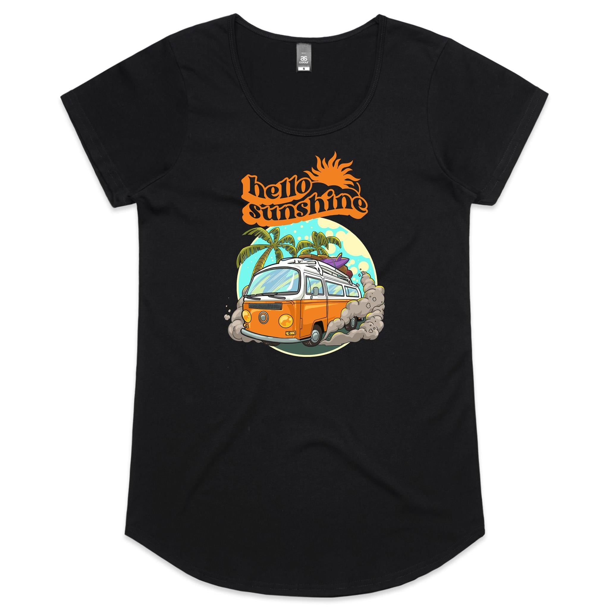 Hello Sunshine, Beach Van - Womens Scoop Neck T-Shirt Black Womens Scoop Neck T-shirt Printed In Australia Summer Surf
