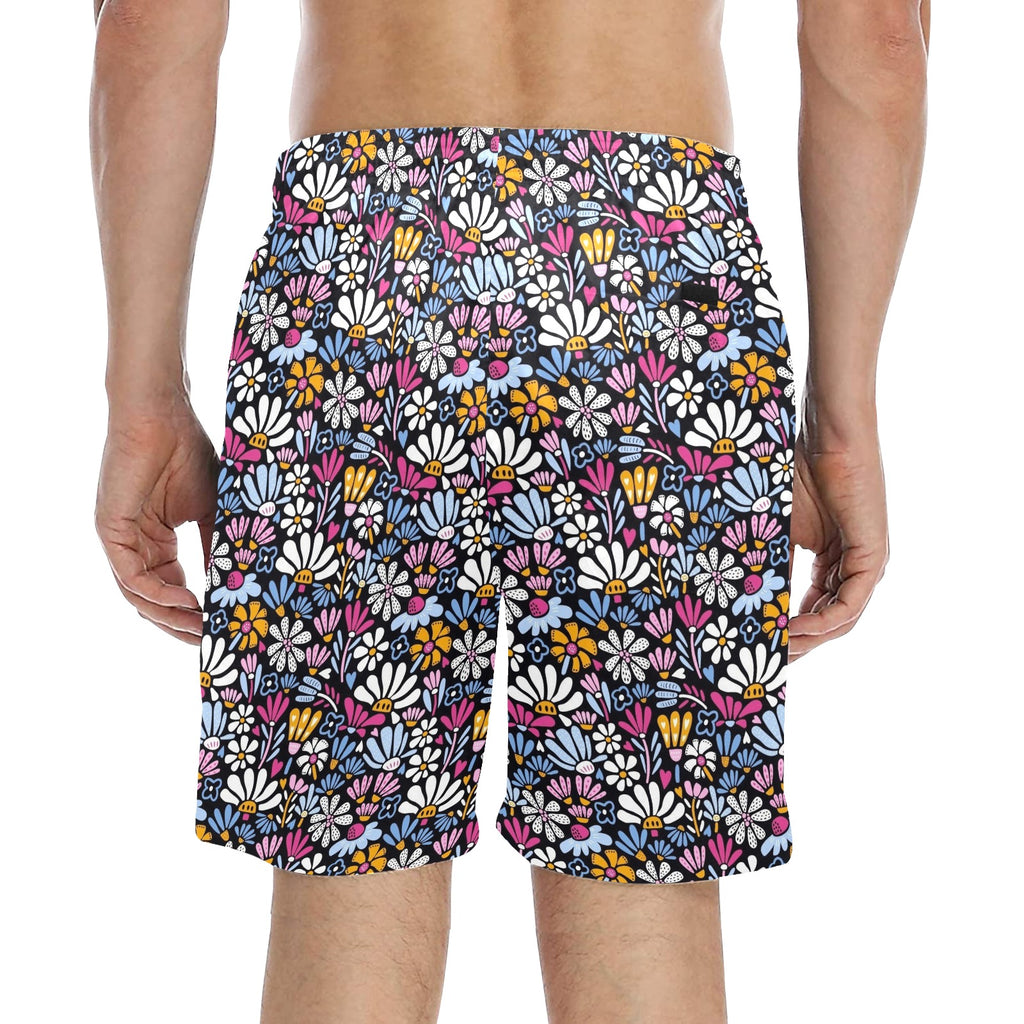 Graphic Flowers On Black Men's Mid-Length Beach Shorts Men's Mid-Length Beach Shorts Plants Printed Offshore