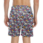 Graphic Flowers On Black Men's Mid-Length Beach Shorts Men's Mid-Length Beach Shorts Plants Printed Offshore