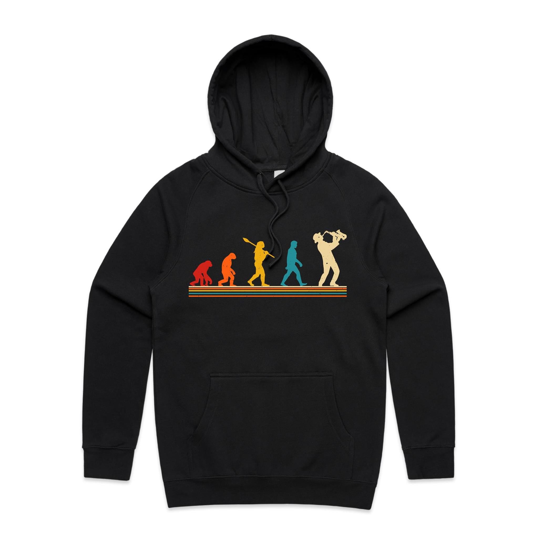 Saxophone Player Evolution - Mens Hoodie Black Mens Hoodie Music Printed In Australia
