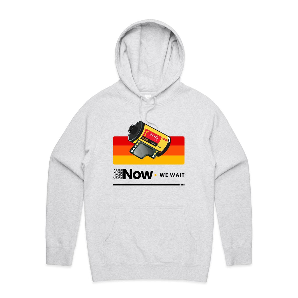 Camera Film, Now We Wait Men's AS Colour Hoodie White Marle Mens Hoodie Printed In Australia Retro