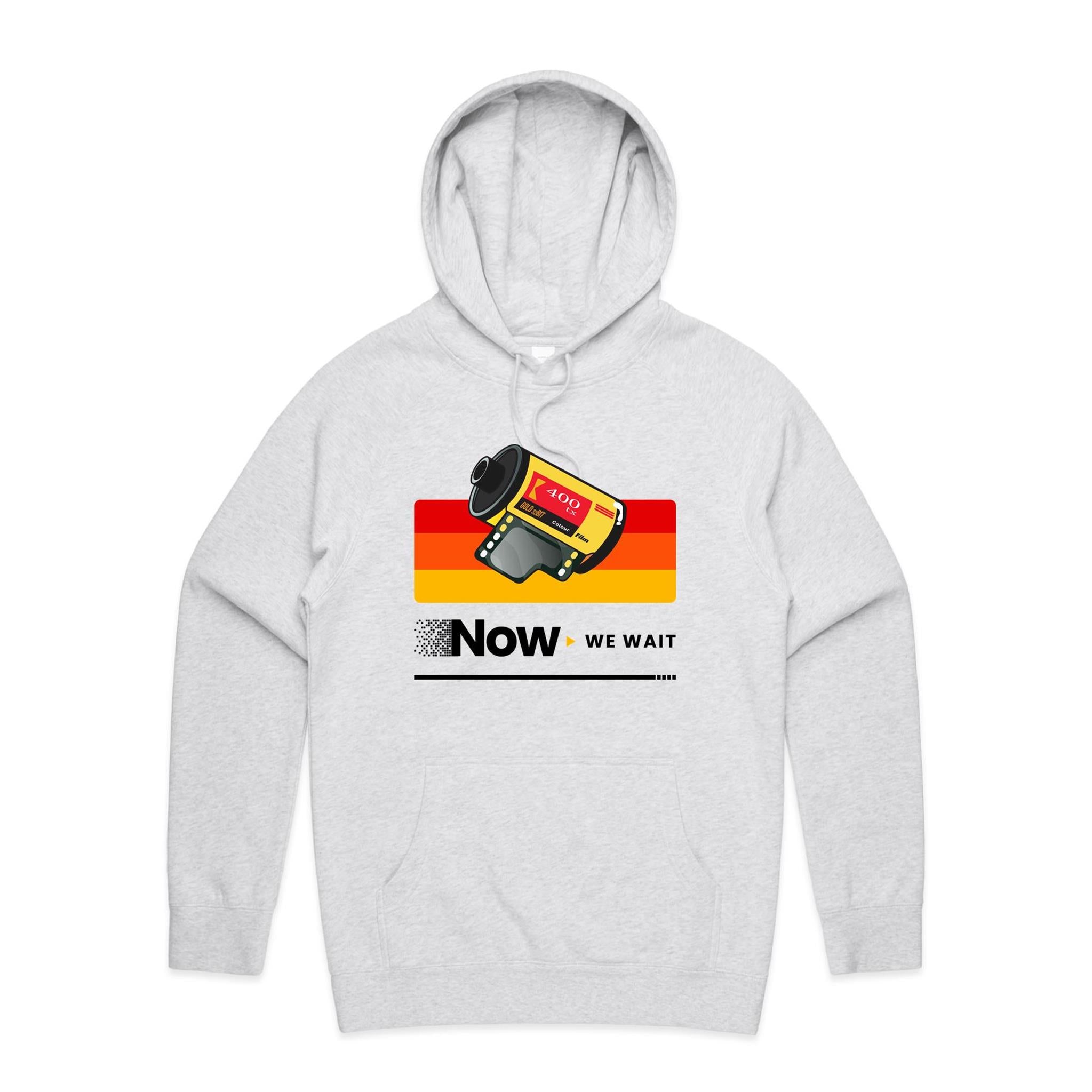 Camera Film, Now We Wait Men's AS Colour Hoodie White Marle Mens Hoodie Printed In Australia Retro
