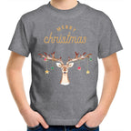 Merry Christmas Reindeer - Kids Youth T-Shirt Grey Marle Kids Christmas T-shirt Christmas Printed In Australia