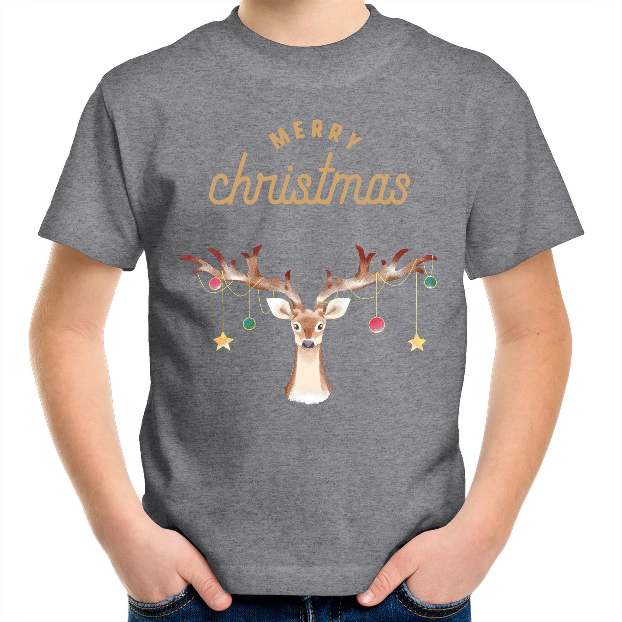 Merry Christmas Reindeer - Kids Youth T-Shirt Grey Marle Kids Christmas T-shirt Christmas Printed In Australia