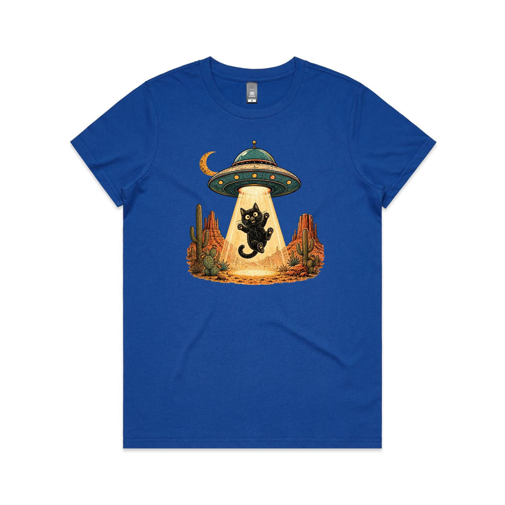 Black Cat Alien UFO Abduction Women's AS Colour T-shirt Bright Royal Womens T-shirt animal Printed In Australia Sci Fi