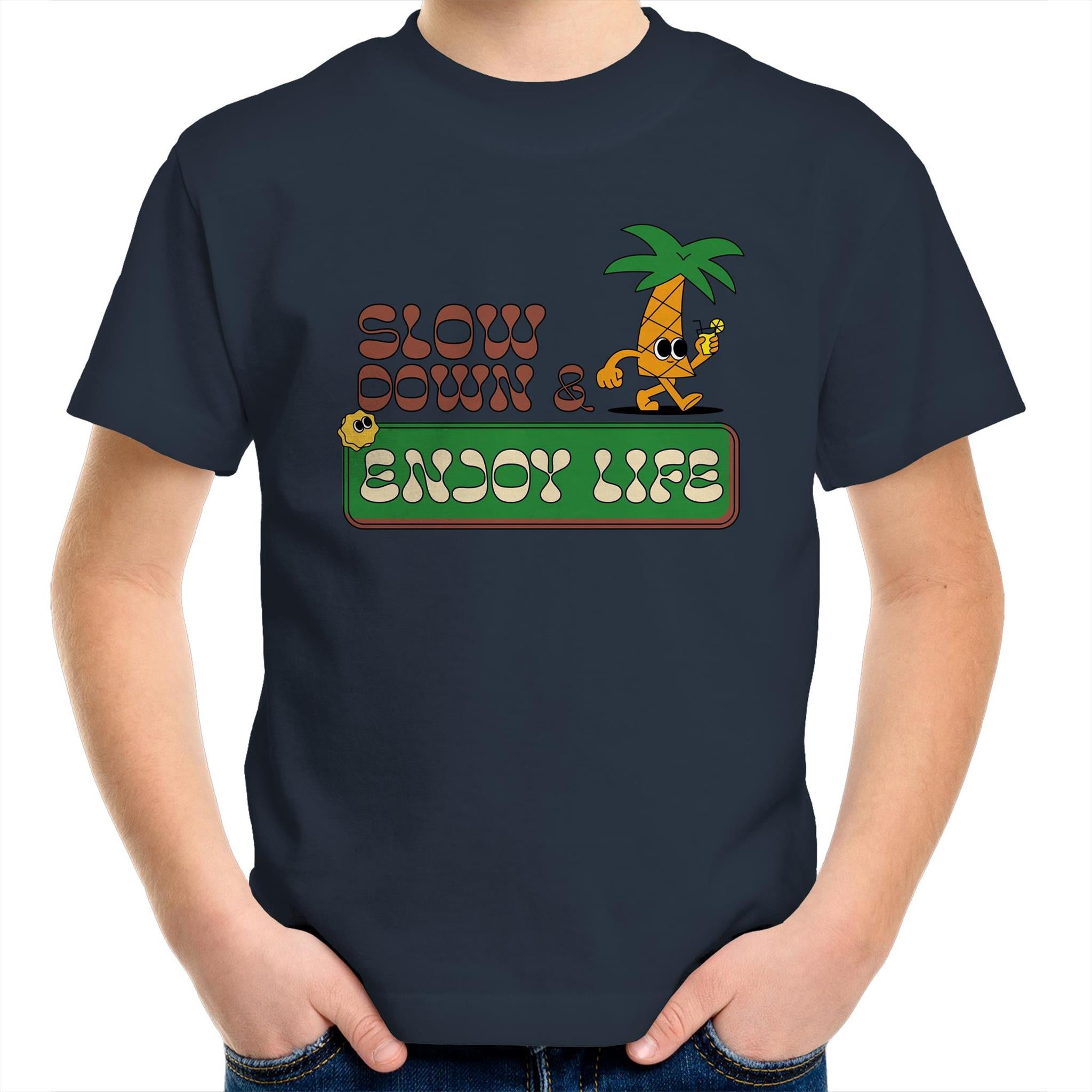 Slow Down And Enjoy Life - Kids Youth T-Shirt Navy Kids Youth T-shirt Printed In Australia Retro