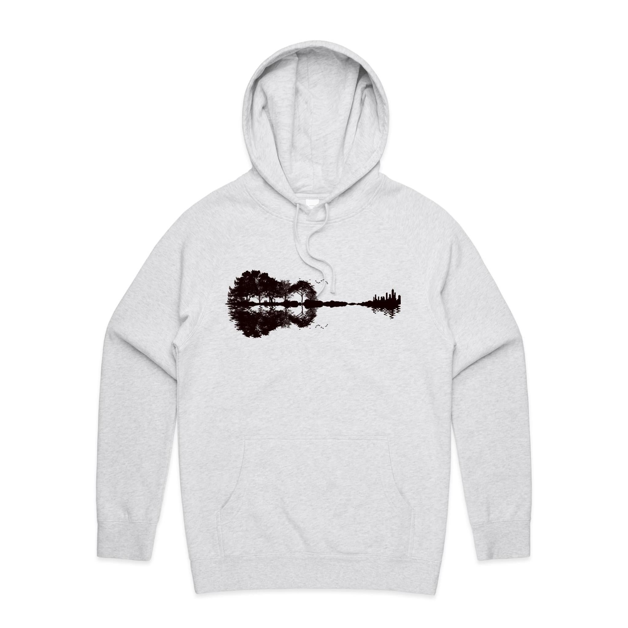 Guitar Reflection - Mens Hoodie White Marle Mens Hoodie Music Printed In Australia