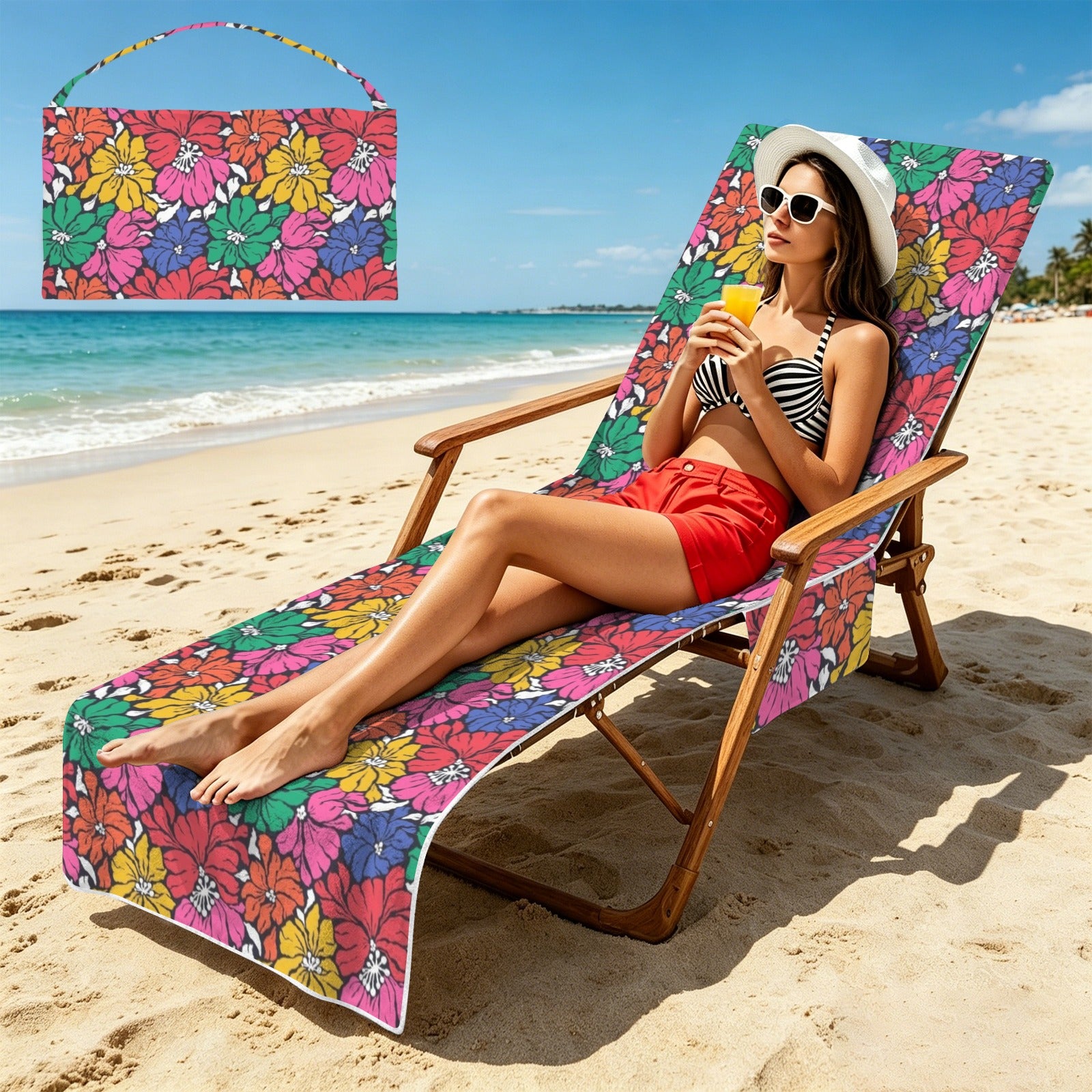 Bright And Bold Flowers Beach Chair Towel Cover with Side Pockets