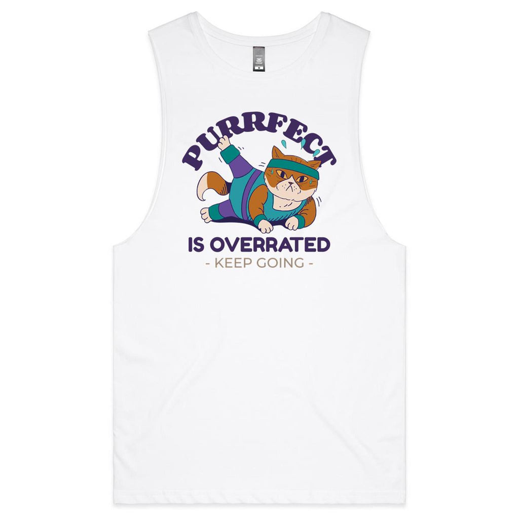 Purrfect Is Overrated - Tank Top Tee White Drop Arm Tank Top Fitness Printed In Australia