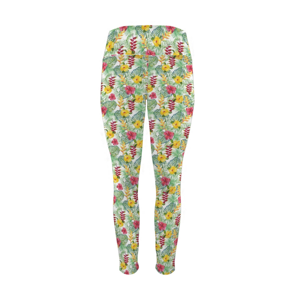 Tropical Flowers On White Women's High Waist Pockets Yoga Leggings Women's High Waist Pockets Yoga Leggings Plants Printed Offshore