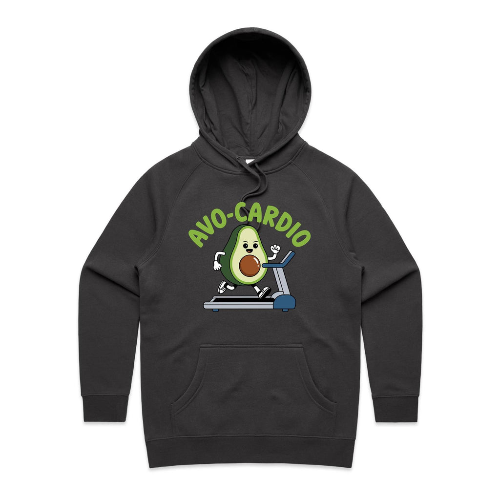 Avo-Cardio, Avocado Treadmill - Womens Hoodie Coal Womens Hoodie Fitness Food Printed In Australia