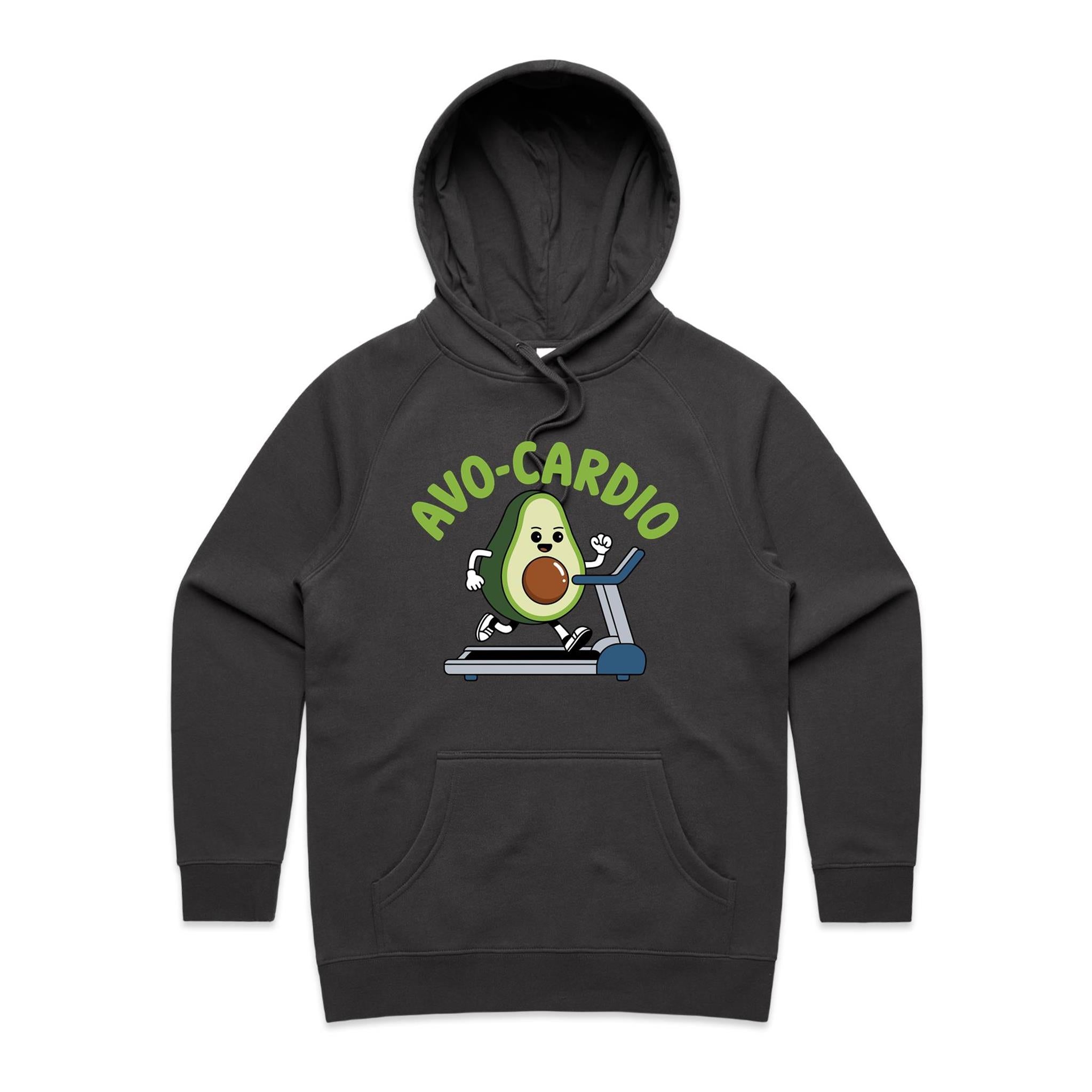 Avo-Cardio, Avocado Treadmill - Womens Hoodie Coal Womens Hoodie Fitness Food Printed In Australia