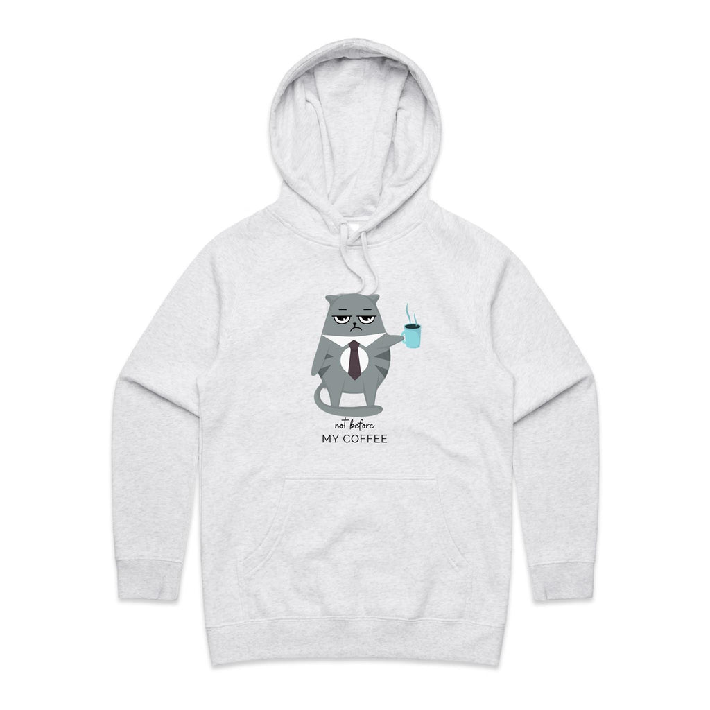 Cranky Cat, Not Before My Coffee - Womens Hoodie White Marle Womens Hoodie animal Coffee Printed In Australia