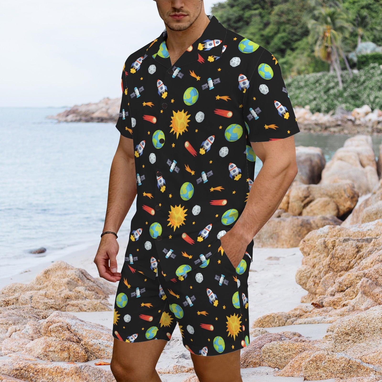 Busy Space Men's Hawaiian Shirt & Shorts Set Men's Hawaiian Shirt & Shorts Set Printed Offshore Space