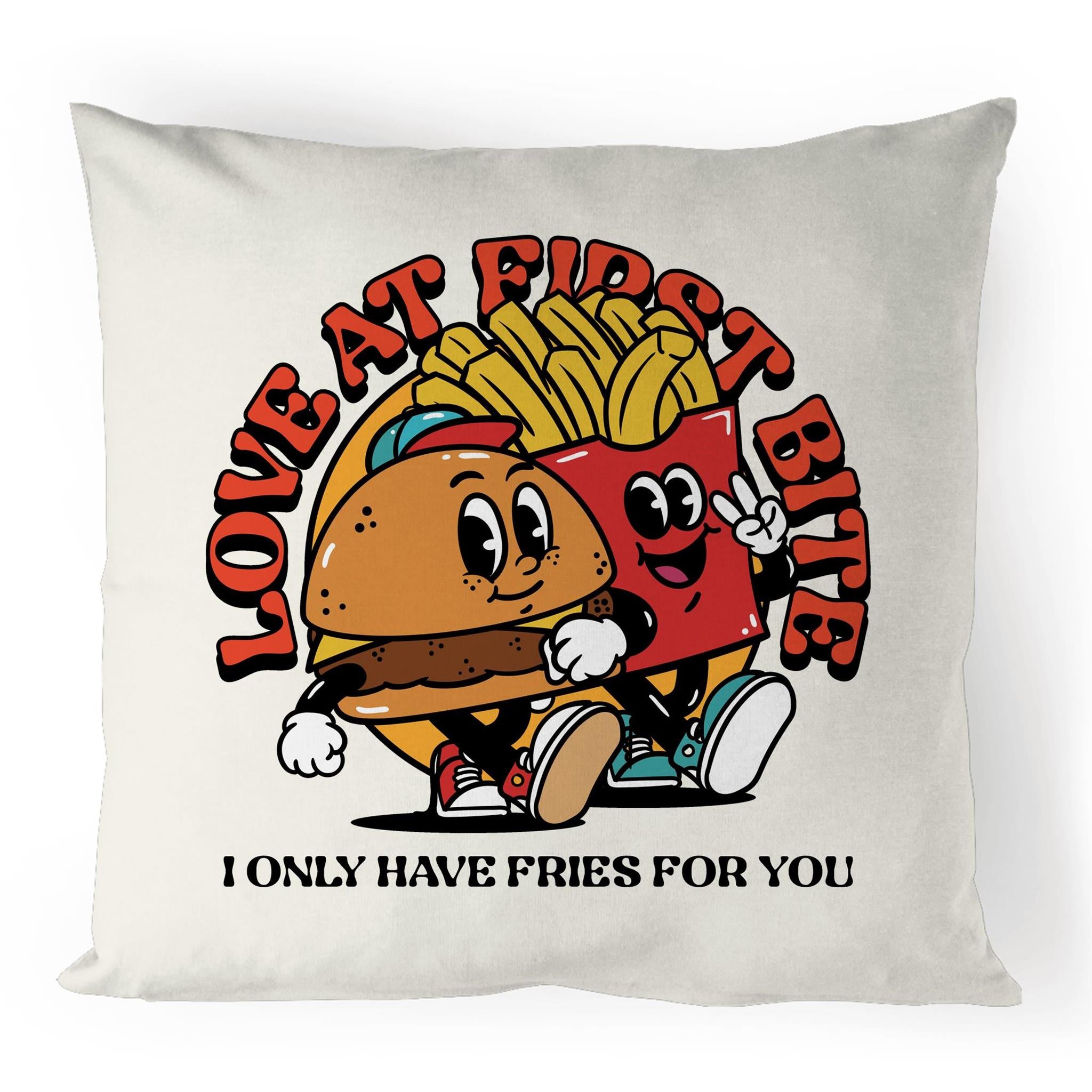 Love At First Bite, Hamburger And Fries - 100% Linen Cushion Cover Default Title Food Love Printed In Australia